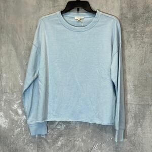 SPLENDID Women's Light Blue Raw Edge Long Sleeve Pullover Cropped Crewneck